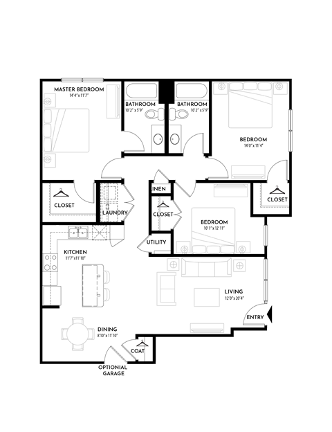 Floor plan for 3 beds, 2 baths, 1334 sqft